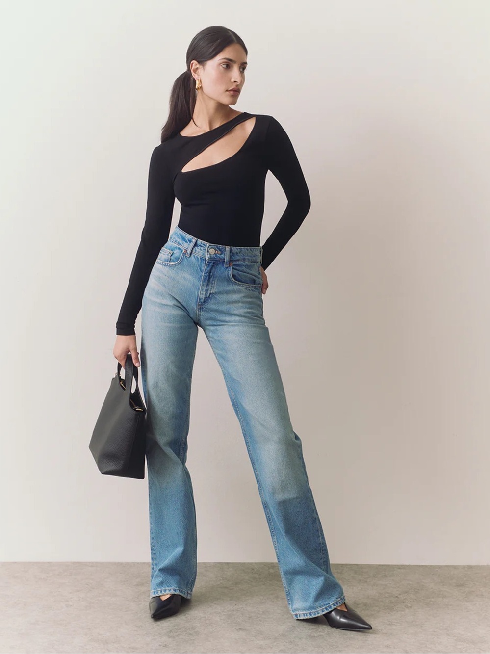 Cuyana Stretch Cutout Long-Sleeve Top in Black